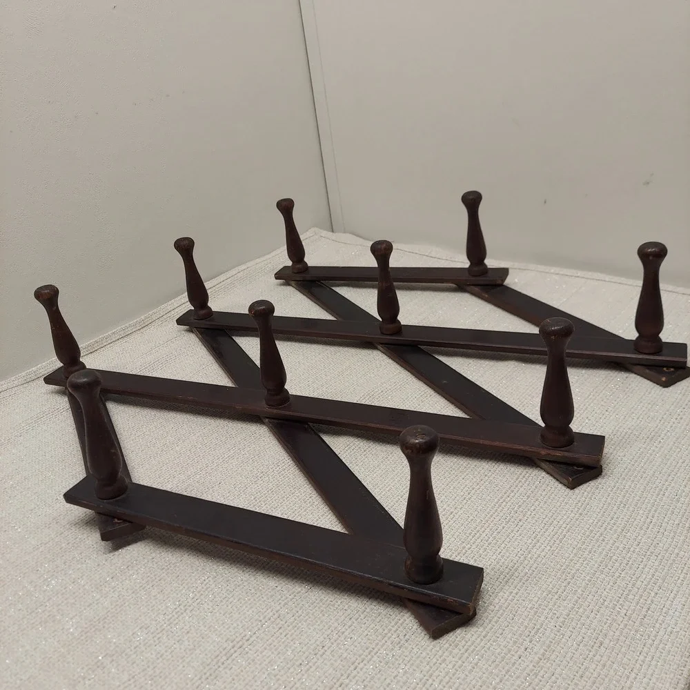Vintage Wooden Accordion Wall Rack 10 Peg Expandable Hat Coat Hanger Dark Brown